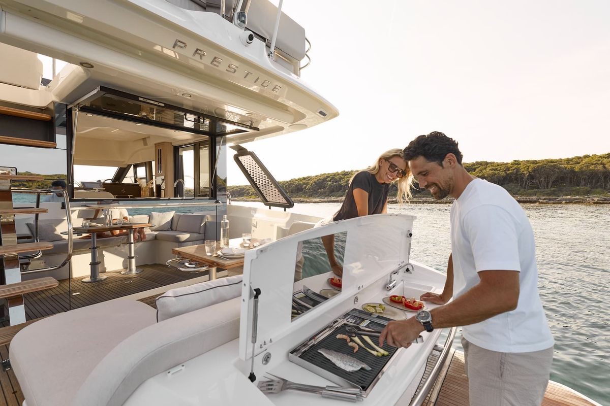 Deck of Mr. 77, a Prestige F4.3 yacht at Grad Kaštela, Croatia