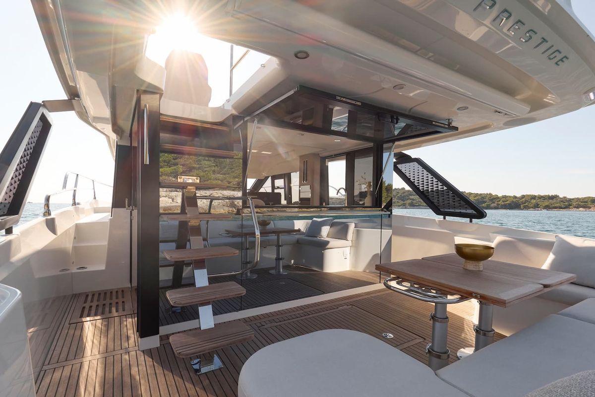 Deck of Mr. 77, a Prestige F4.3 yacht at Grad Kaštela, Croatia