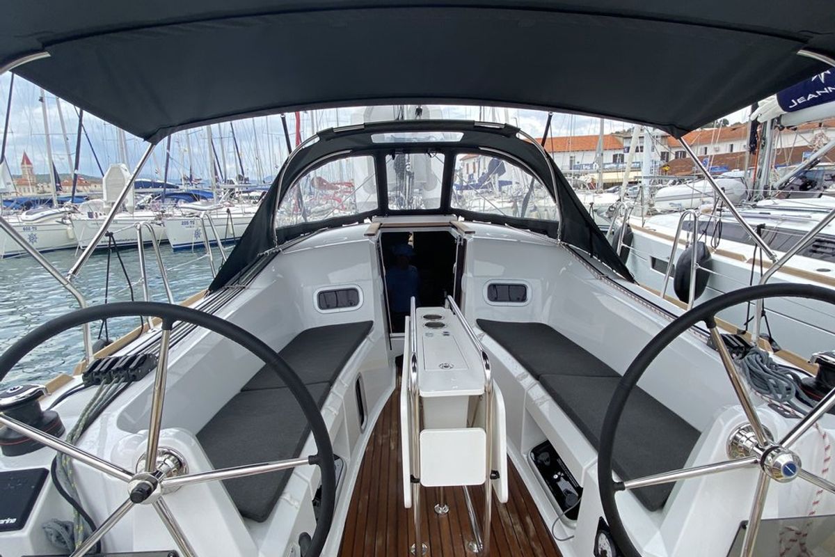 Cockpit of Gemelli, a Jeanneau Sun Odyssey 349 sailboat at Grad Trogir, Croatia