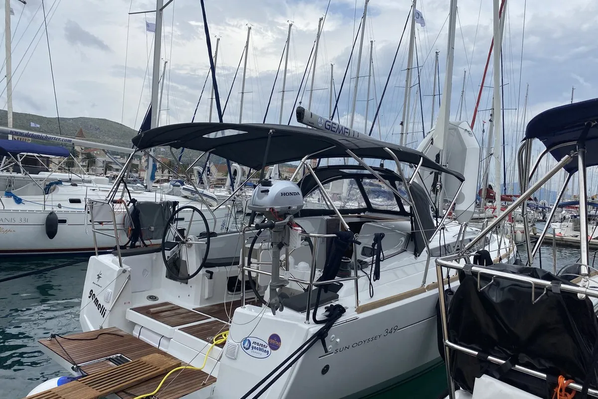 Exterior view of Gemelli, a Jeanneau Sun Odyssey 349 sailboat at Grad Trogir, Croatia