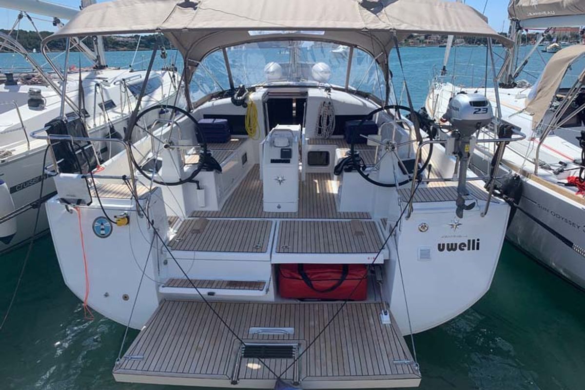 Exterior view of UwElli, a Jeanneau Sun Odyssey 440 sailboat at Grad Trogir, Croatia