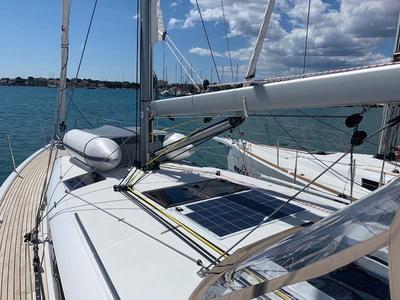 Deck of UwElli, a Jeanneau Sun Odyssey 440 sailboat at Grad Trogir, Croatia
