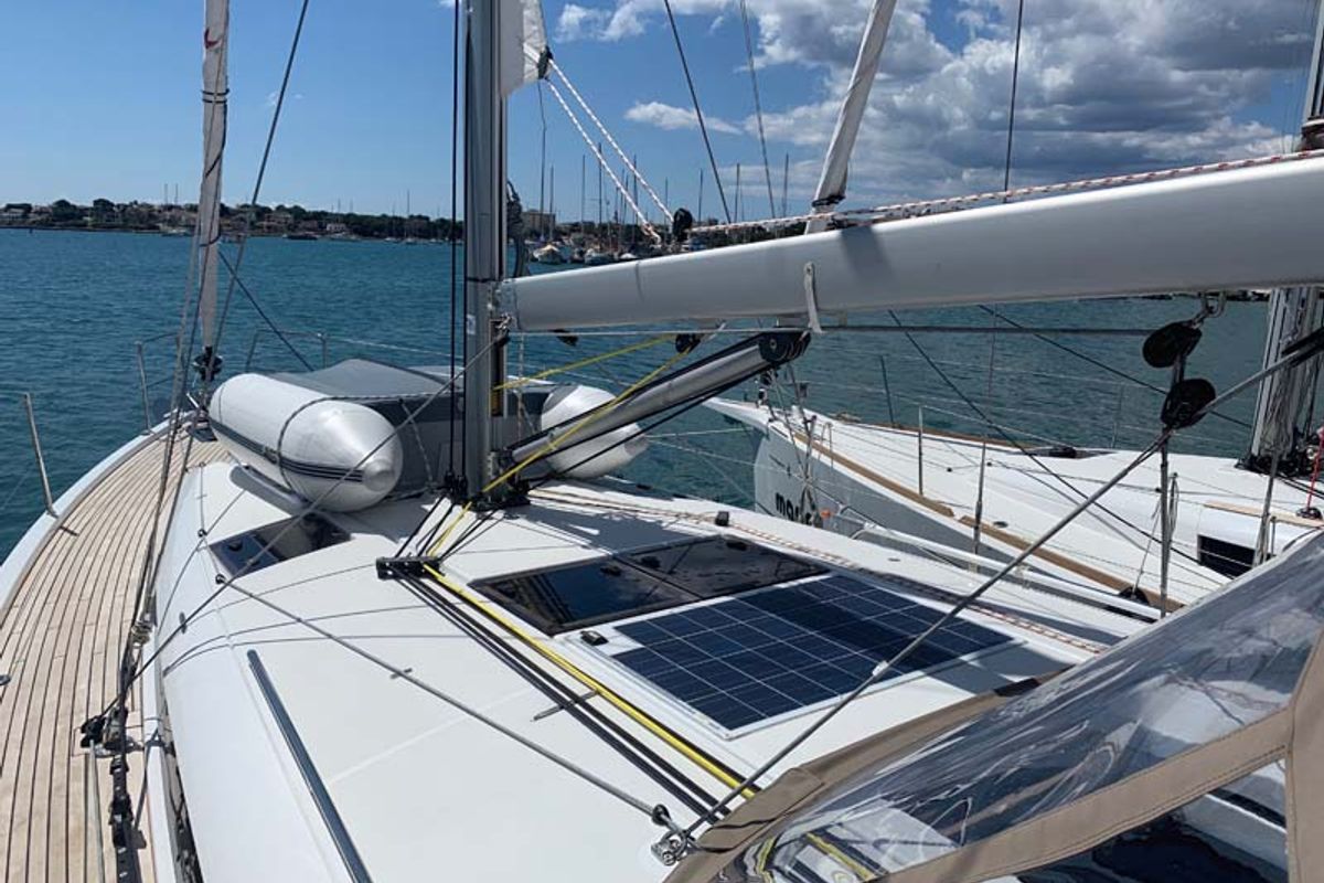 Deck of UwElli, a Jeanneau Sun Odyssey 440 sailboat at Grad Trogir, Croatia