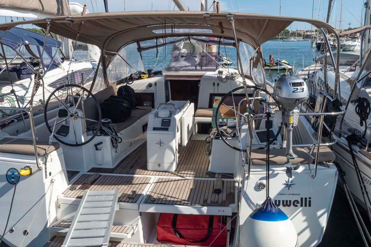 Cockpit of UwElli, a Jeanneau Sun Odyssey 440 sailboat at Grad Trogir, Croatia