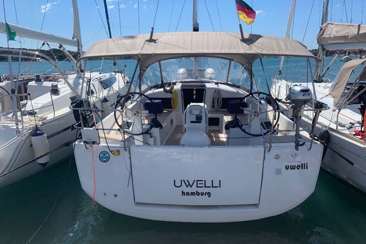 Exterior view of UwElli, a Jeanneau Sun Odyssey 440 sailboat at Grad Trogir, Croatia