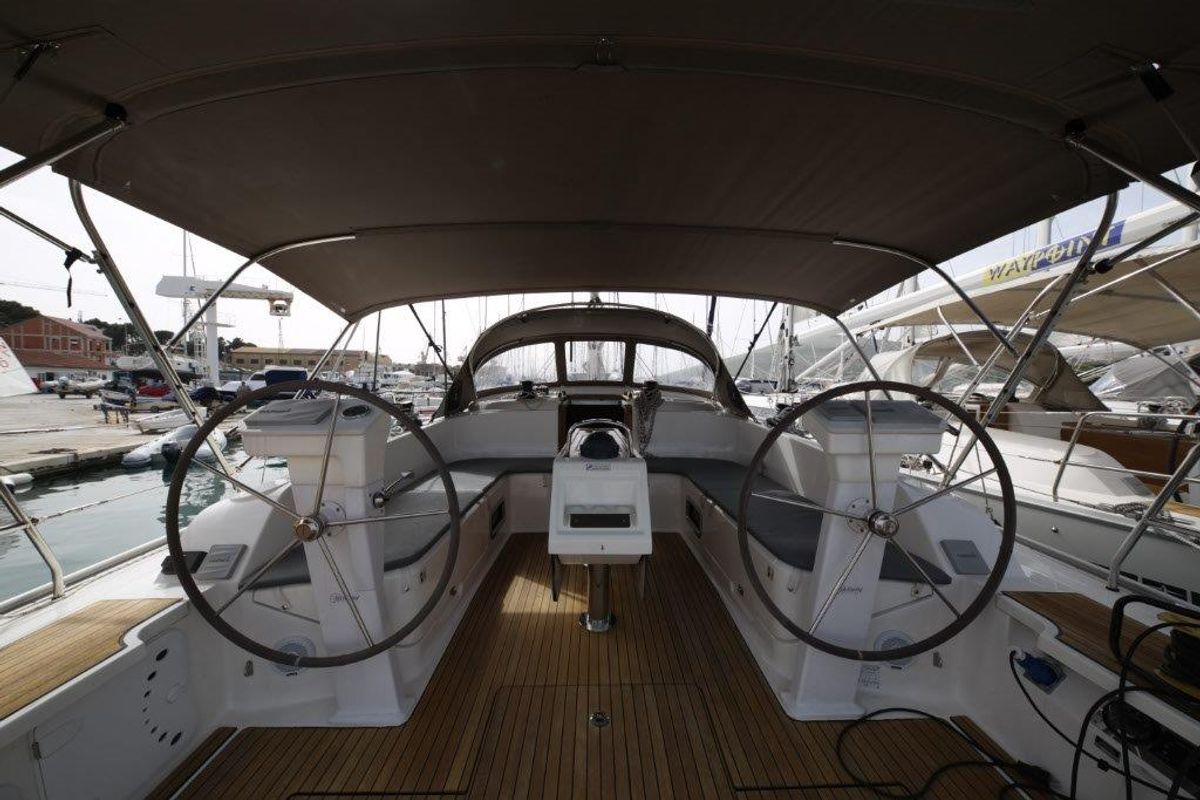 Cockpit of Tequila, a Bavaria Cruiser 46 sailboat at Split, Croatia