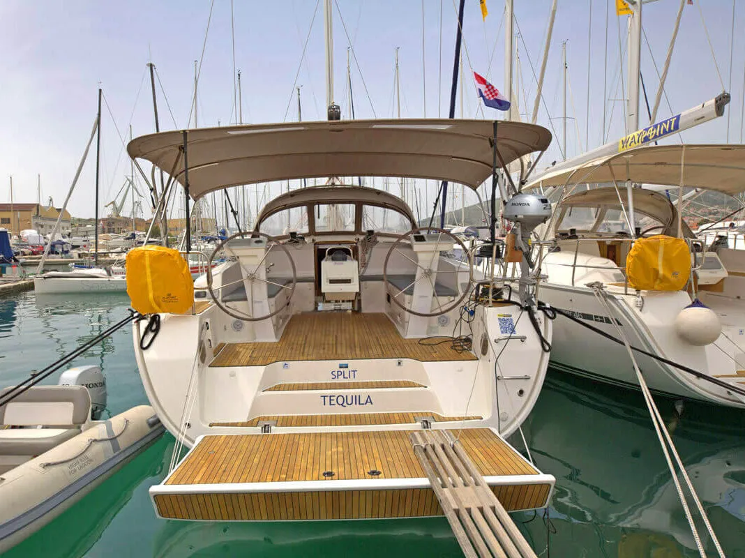 Exterior view of Tequila, a Bavaria Cruiser 46 sailboat at Split, Croatia