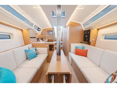Salon of Naia - Comfort line, a Jeanneau Sun Odyssey 350 sailboat at Rosignano Solvay, Italy