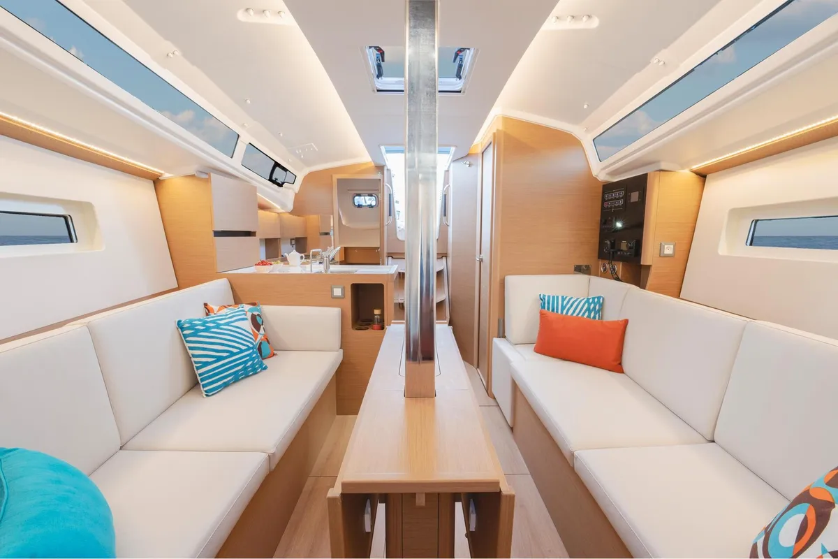 Salon of Naia - Comfort line, a Jeanneau Sun Odyssey 350 sailboat at Rosignano Solvay, Italy