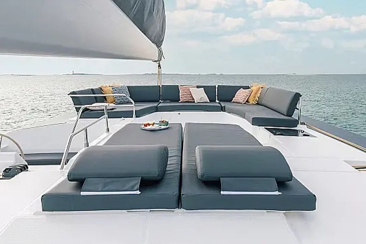 Exterior view of Odysseus, a Fountaine Pajot Aura 51 catamaran at Seget Donji, Croatia