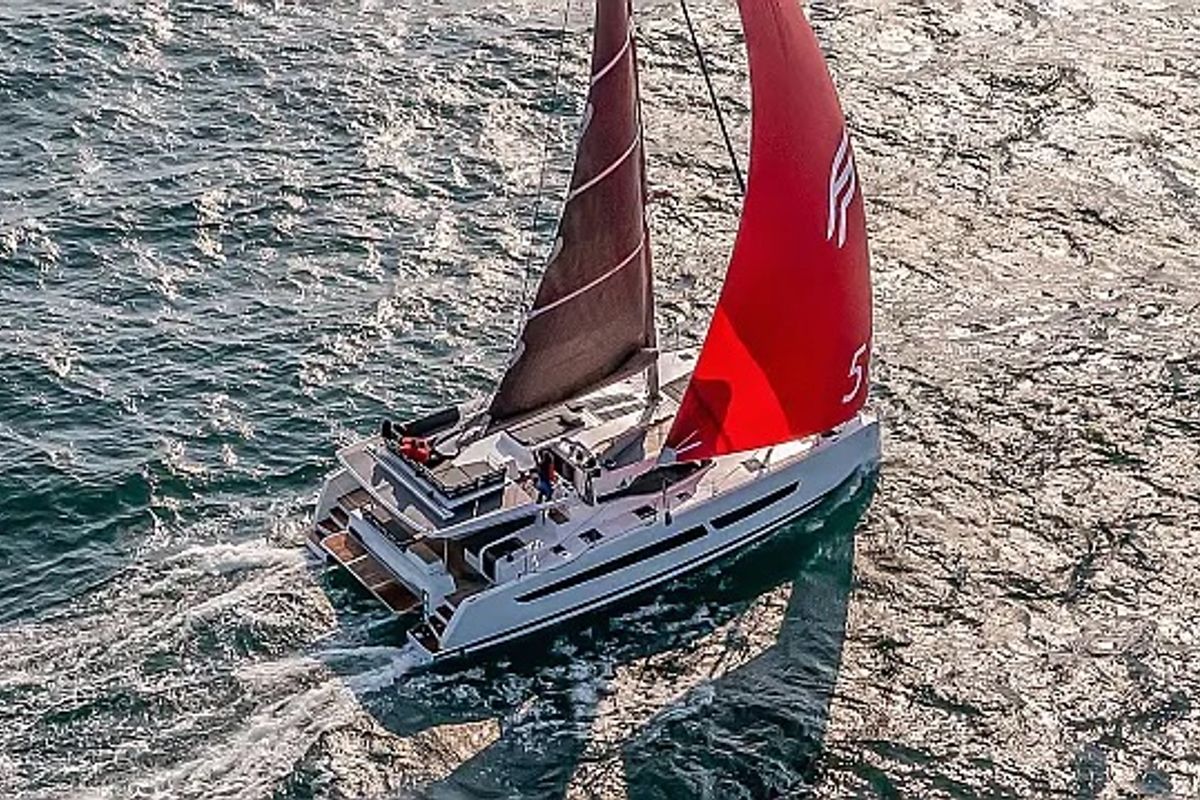 Exterior view of Odysseus, a Fountaine Pajot Aura 51 catamaran at Seget Donji, Croatia