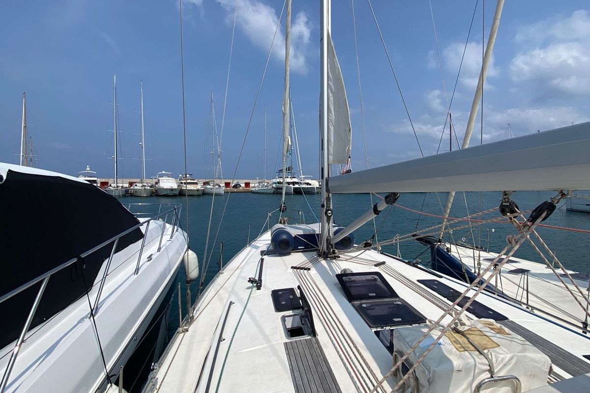 Deck of Anna, a Bavaria 50 Cruiser sailboat at Punta Ala, Italy
