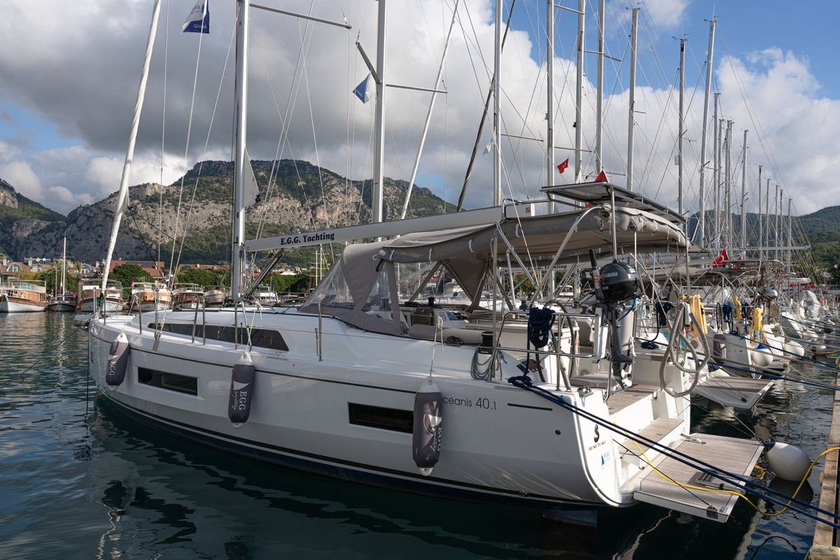 Exterior view of Champagne, a Beneteau Oceanis 40.1 sailboat at Fethiye, Turkey