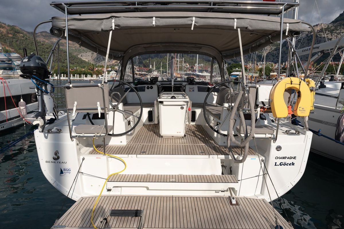 Deck of Champagne, a Beneteau Oceanis 40.1 sailboat at Fethiye, Turkey