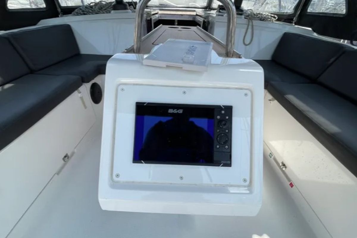 Cockpit of MAIA, a Bavaria C42 sailboat at Athens, Greece