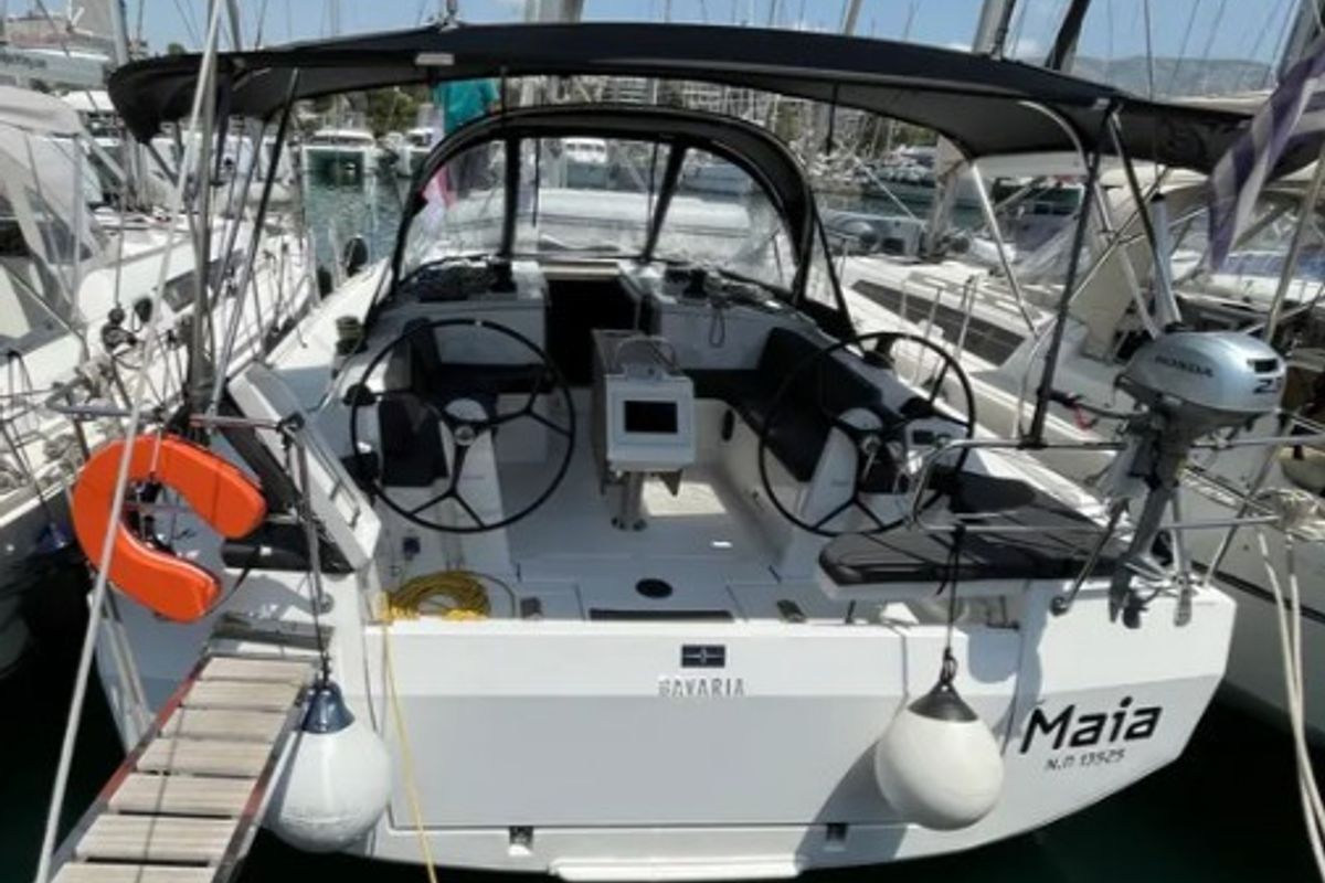 Cockpit of MAIA, a Bavaria C42 sailboat at Athens, Greece