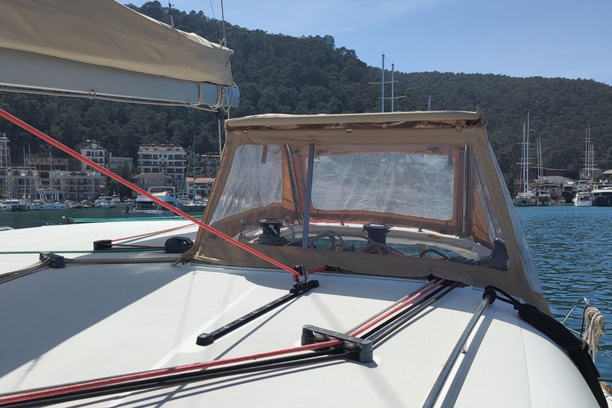 Cockpit of Santi, a Lagoon 400 catamaran at Fethiye, Turkey