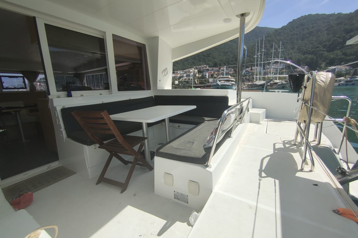 Deck of Santi, a Lagoon 400 catamaran at Fethiye, Turkey