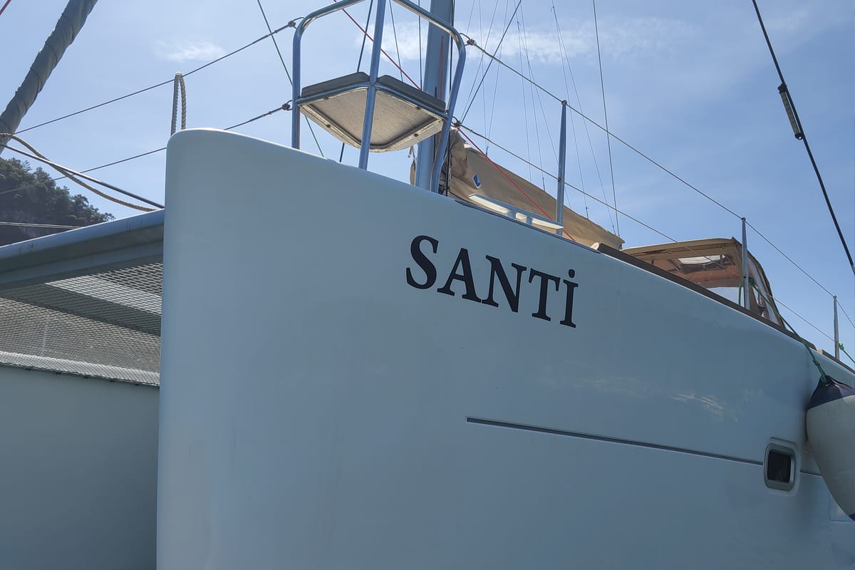 Exterior view of Santi, a Lagoon 400 catamaran at Fethiye, Turkey