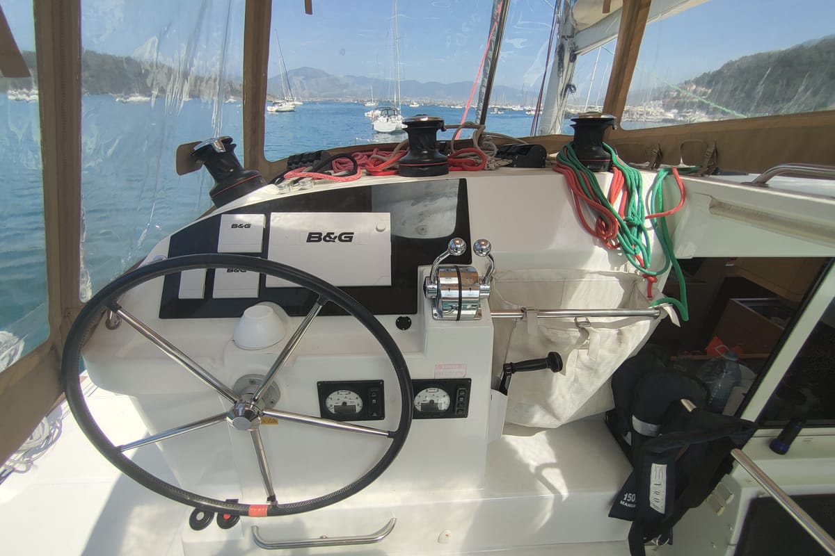 Cockpit of Santi, a Lagoon 400 catamaran at Fethiye, Turkey