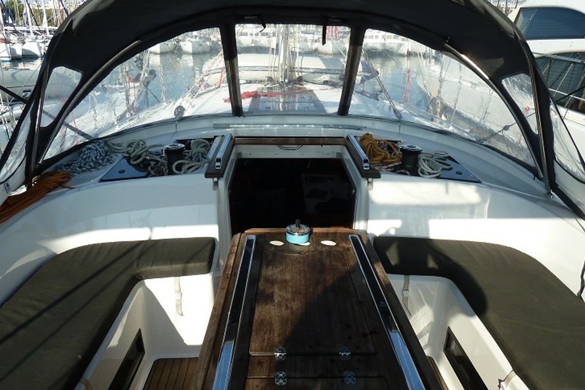 Cockpit of ANASSA, a Bavaria Cruiser 56 sailboat at Athens, Greece