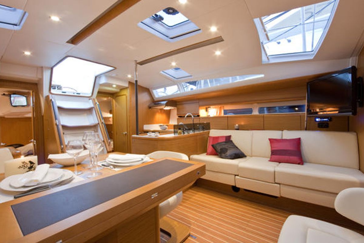 Salon of Mocha II, a Jeanneau 53 sailboat at Marmaris, Turkey