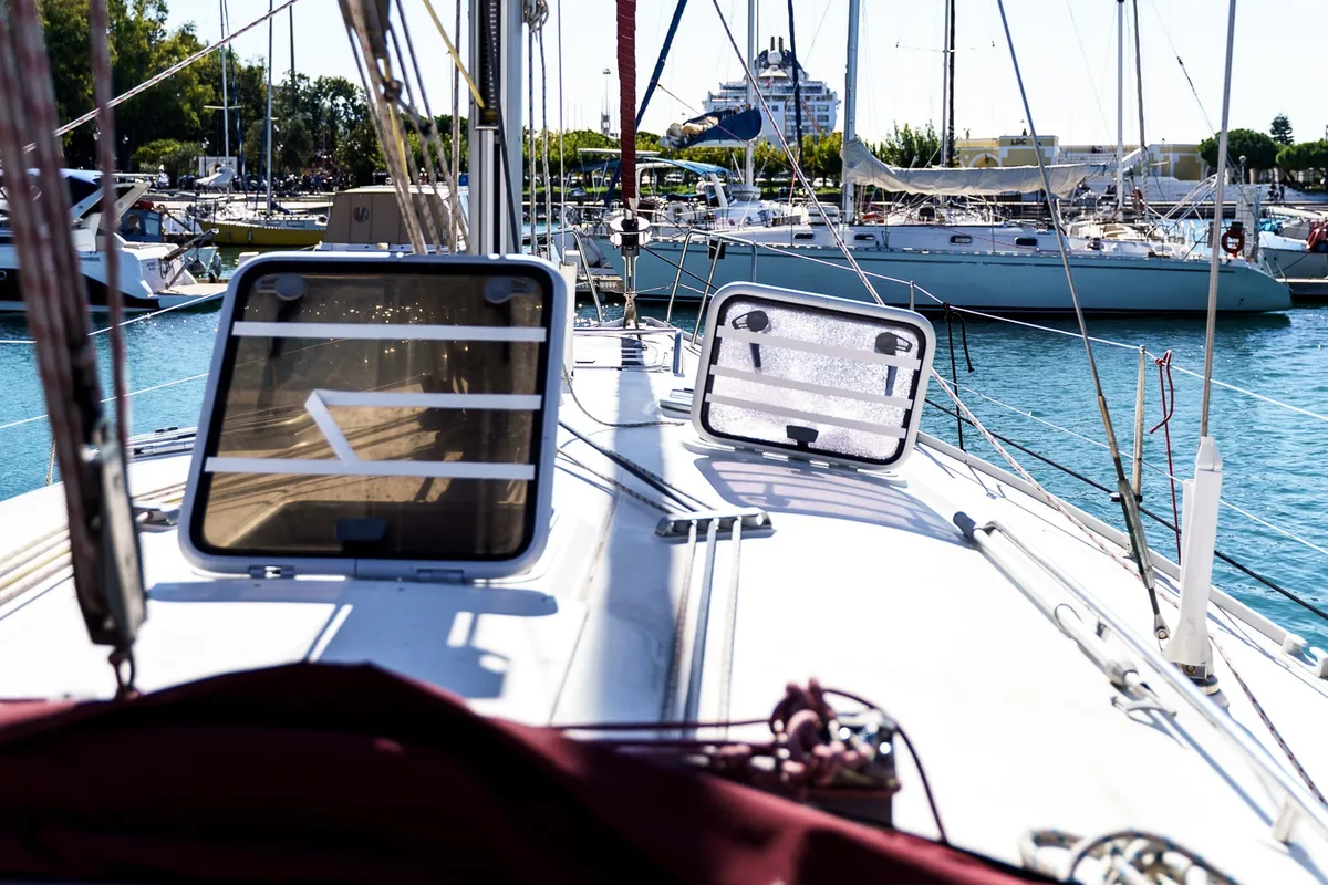 Deck of Andromeda, a Dufour 43 sailboat at Municipal Unit of Ellomenos, Greece