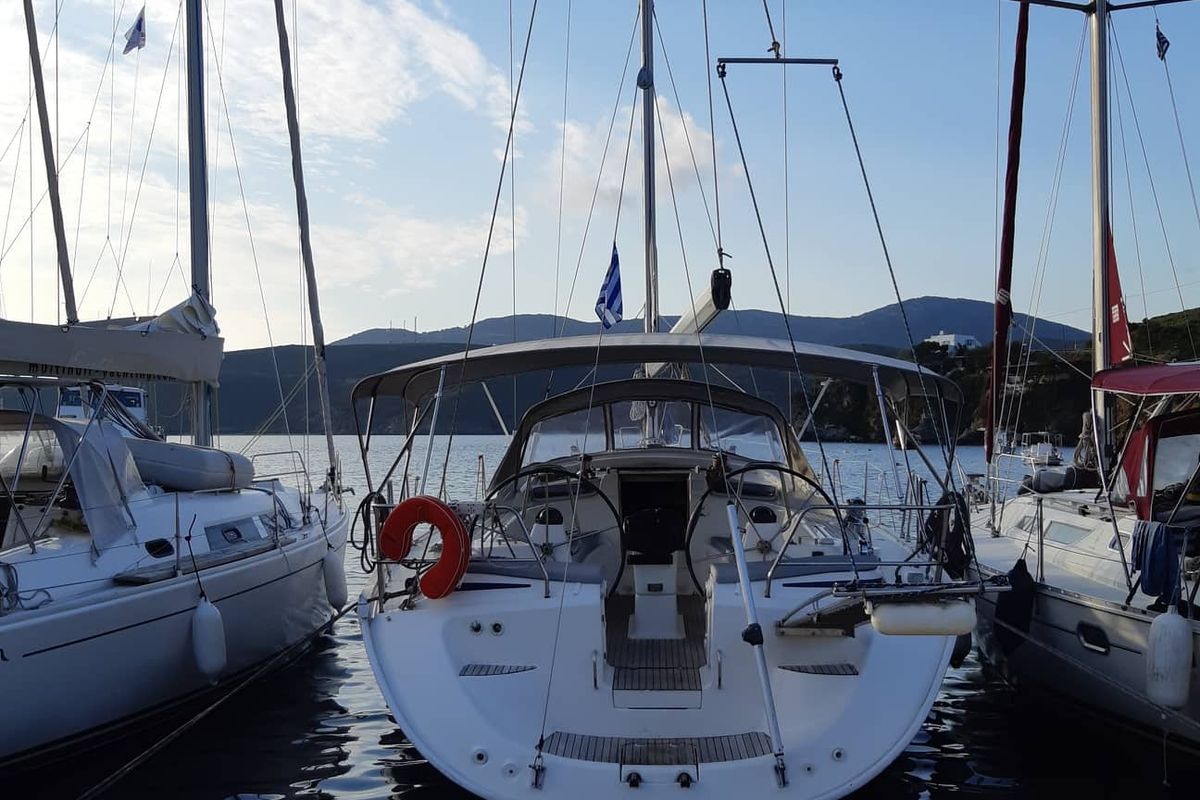 Exterior view of Giola, a Bavaria 50 Cruiser sailboat at Thassos, Greece