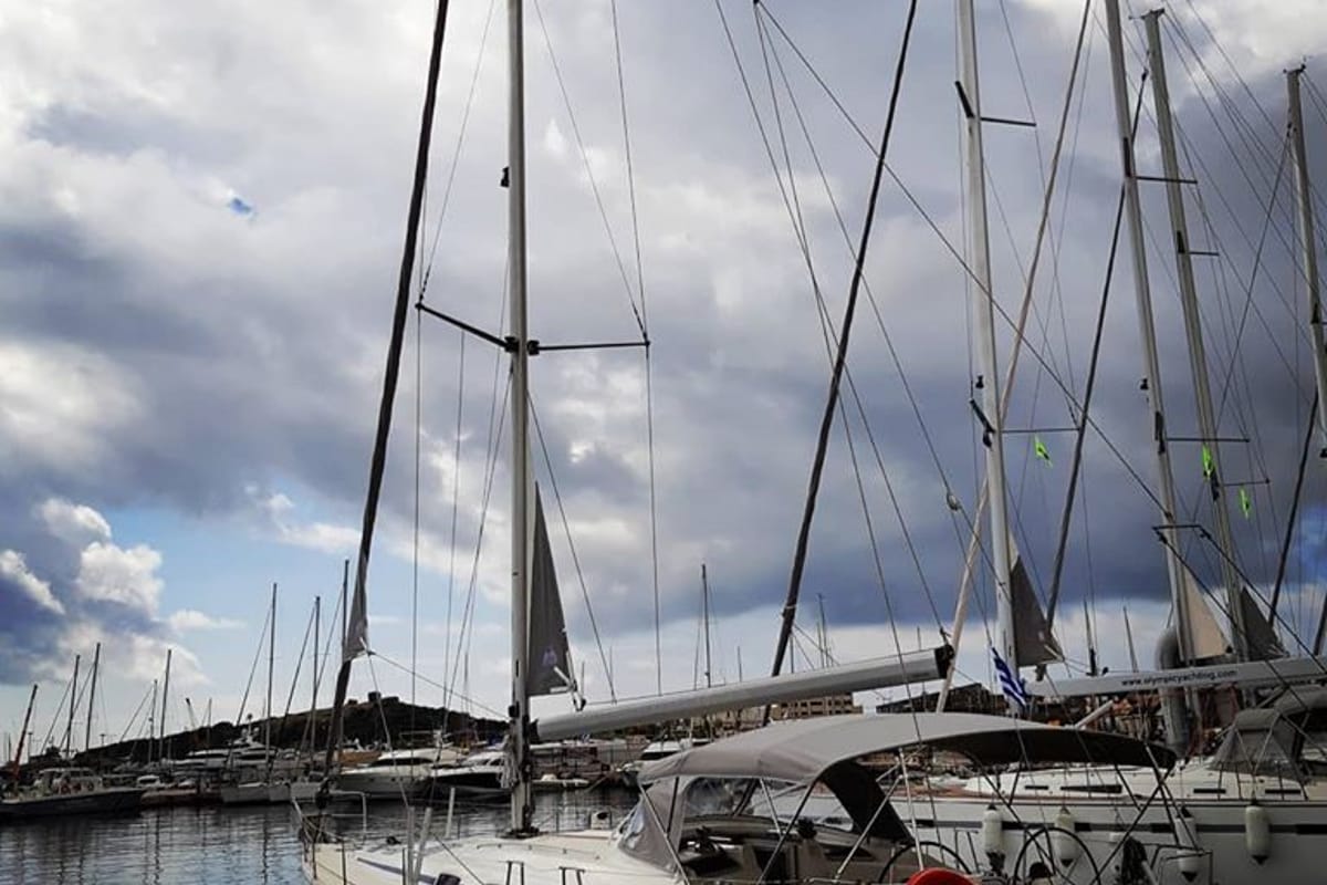 Exterior view of Giola, a Bavaria 50 Cruiser sailboat at Thassos, Greece