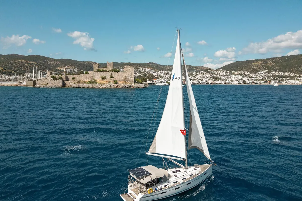 Exterior view of Spark 1, a Bavaria Cruiser 40 sailboat at Bodrum, Turkey
