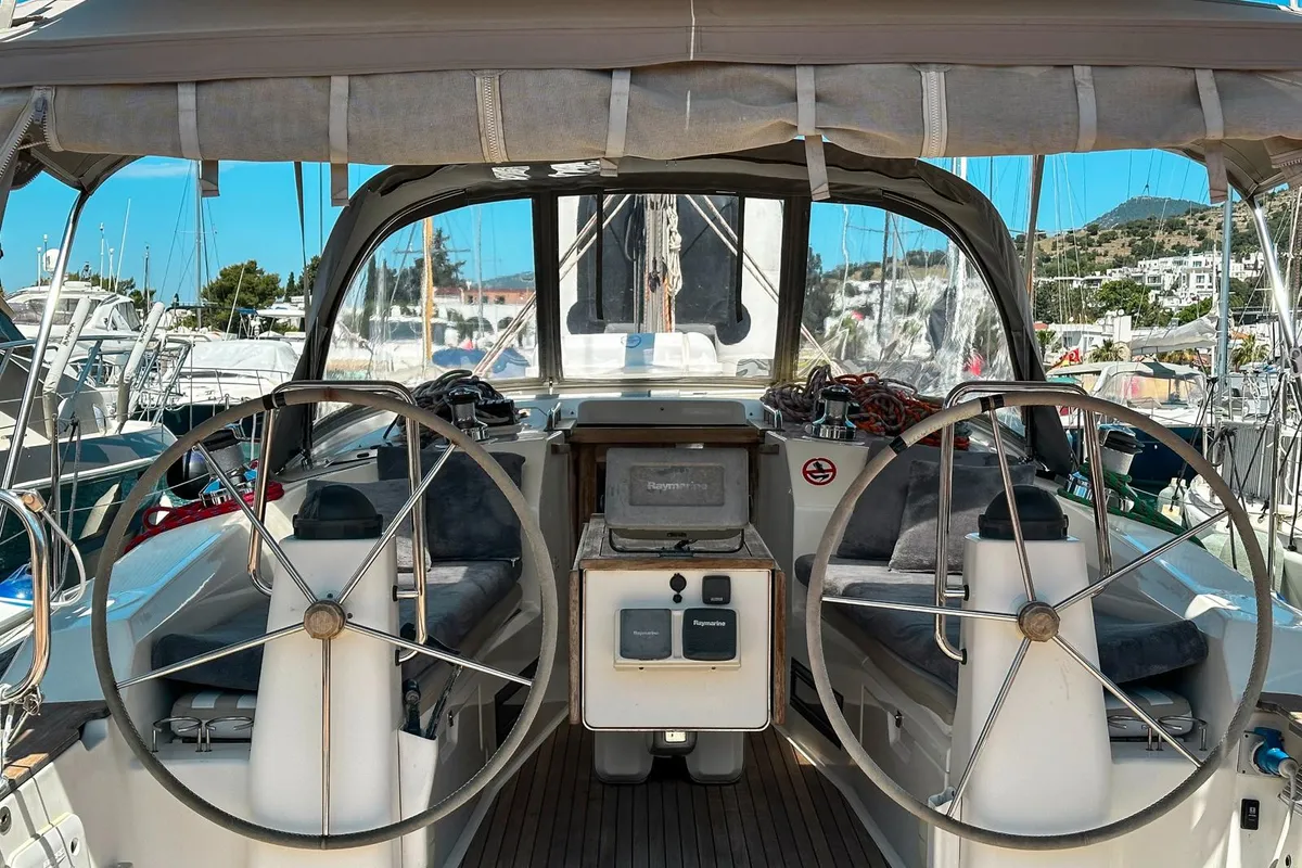 Cockpit of Spark 1, a Bavaria Cruiser 40 sailboat at Bodrum, Turkey