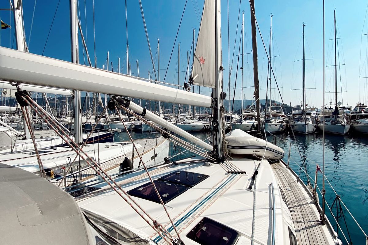 Deck of Spark 1, a Bavaria Cruiser 40 sailboat at Bodrum, Turkey