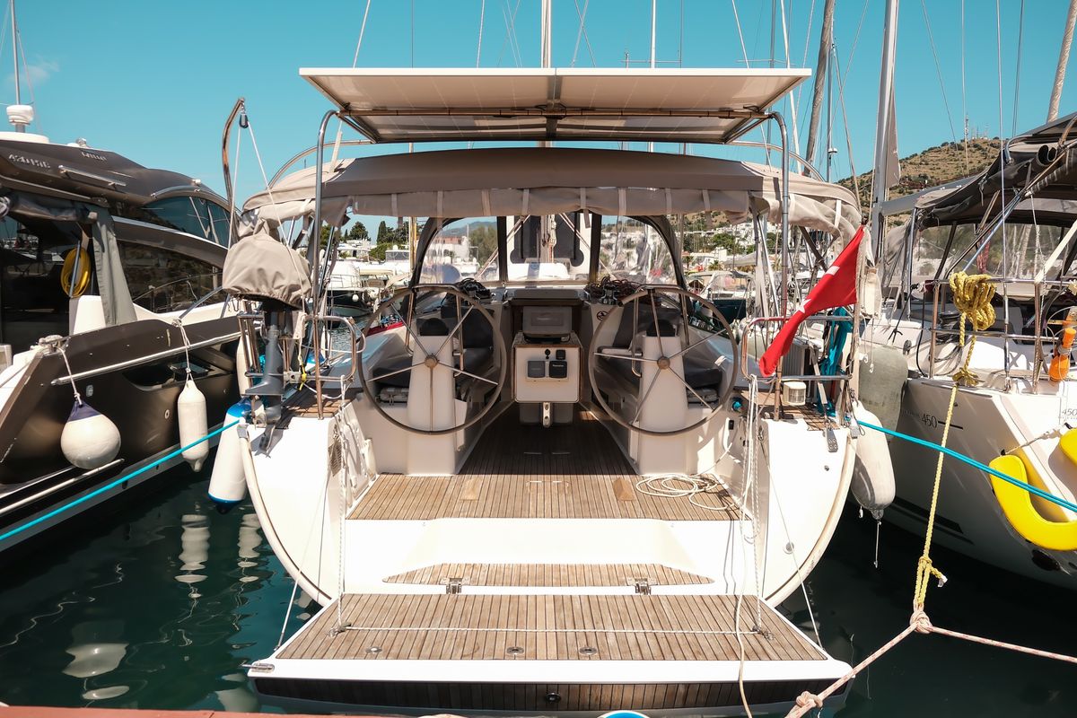 Cockpit of Spark 1, a Bavaria Cruiser 40 sailboat at Bodrum, Turkey