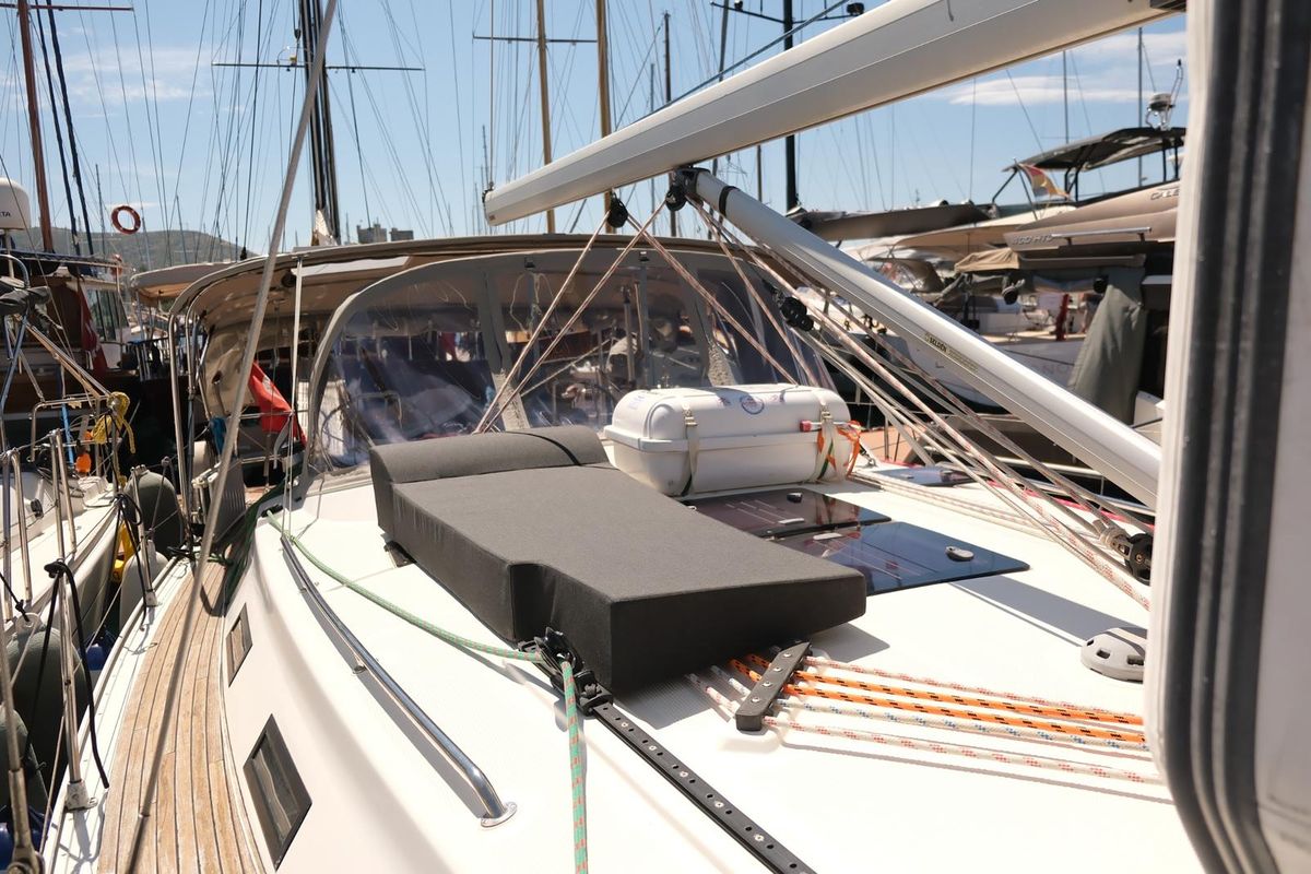 Deck of Spark 1, a Bavaria Cruiser 40 sailboat at Bodrum, Turkey