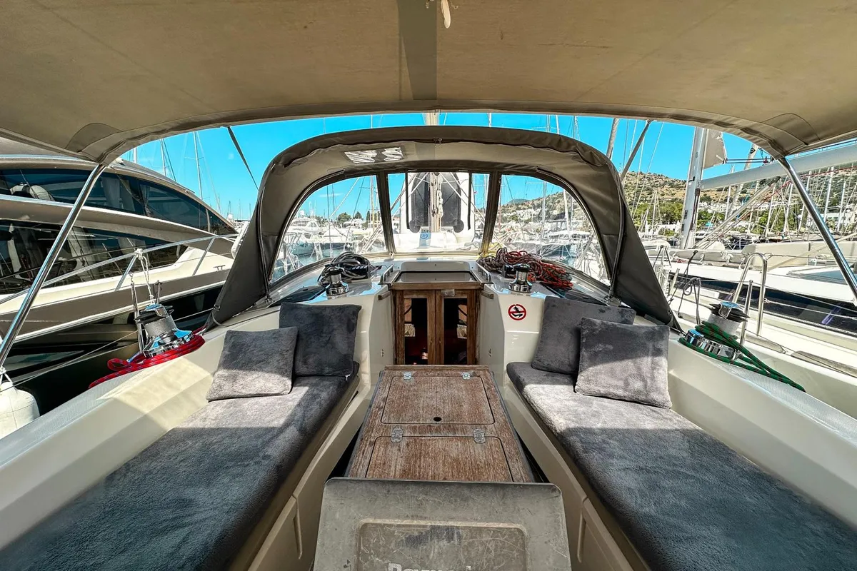 Cockpit of Spark 1, a Bavaria Cruiser 40 sailboat at Bodrum, Turkey