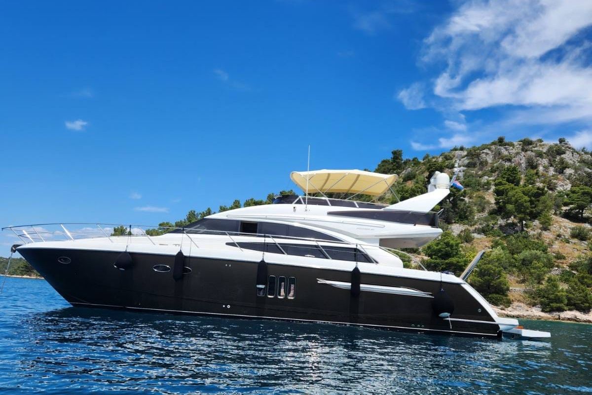 Exterior view of Sassy, a Princess Yachts Princess 62 yacht at Lavreotiki Municipal Unit, Greece