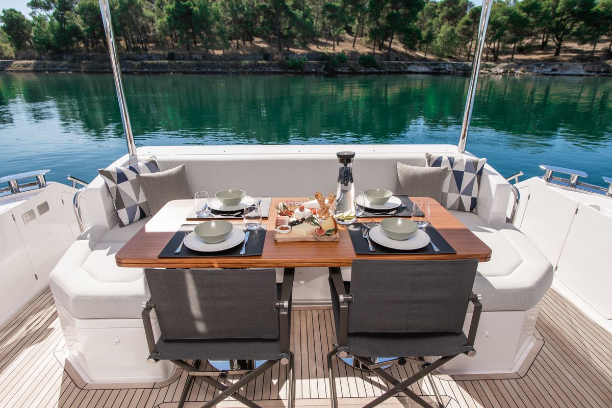 Deck of Alibaba, a Azimut 60 motorboat at Grad Šibenik, Croatia