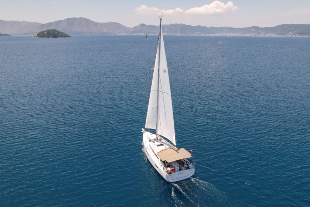 Exterior view of Sky Ela, a Jeanneau Sun Odyssey 410 sailboat at Marmaris, Turkey