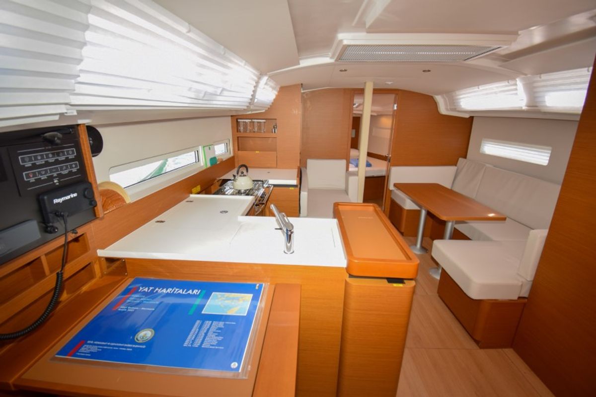 Salon of Sky Ela, a Jeanneau Sun Odyssey 410 sailboat at Marmaris, Turkey