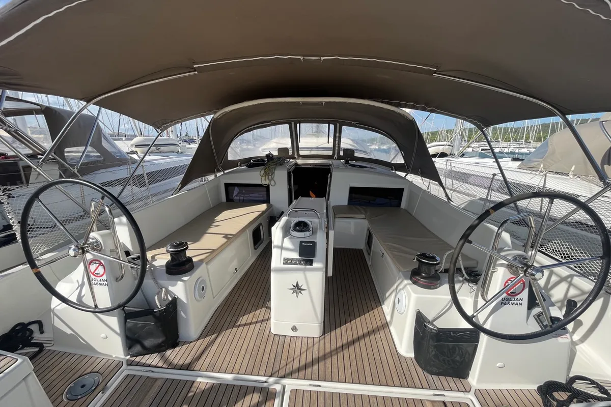 Cockpit of ATHINA, a Jeanneau Sun Odyssey 490 sailboat at Općina Sukošan, Croatia