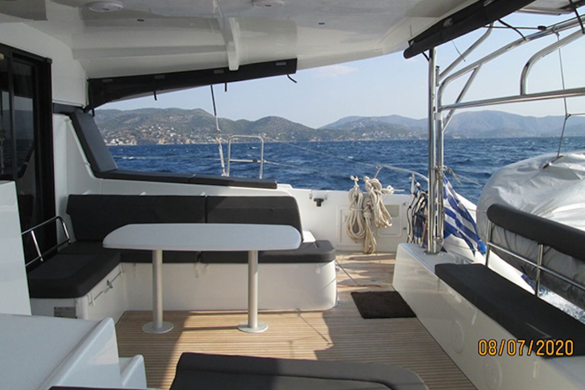 Deck of Aria, a Lagoon 42 catamaran at Athens, Greece