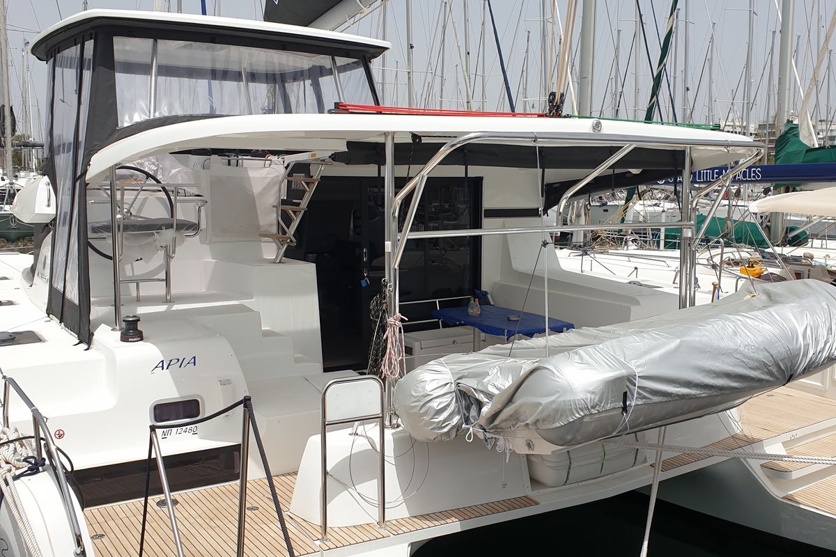 Exterior view of Aria, a Lagoon 42 catamaran at Athens, Greece