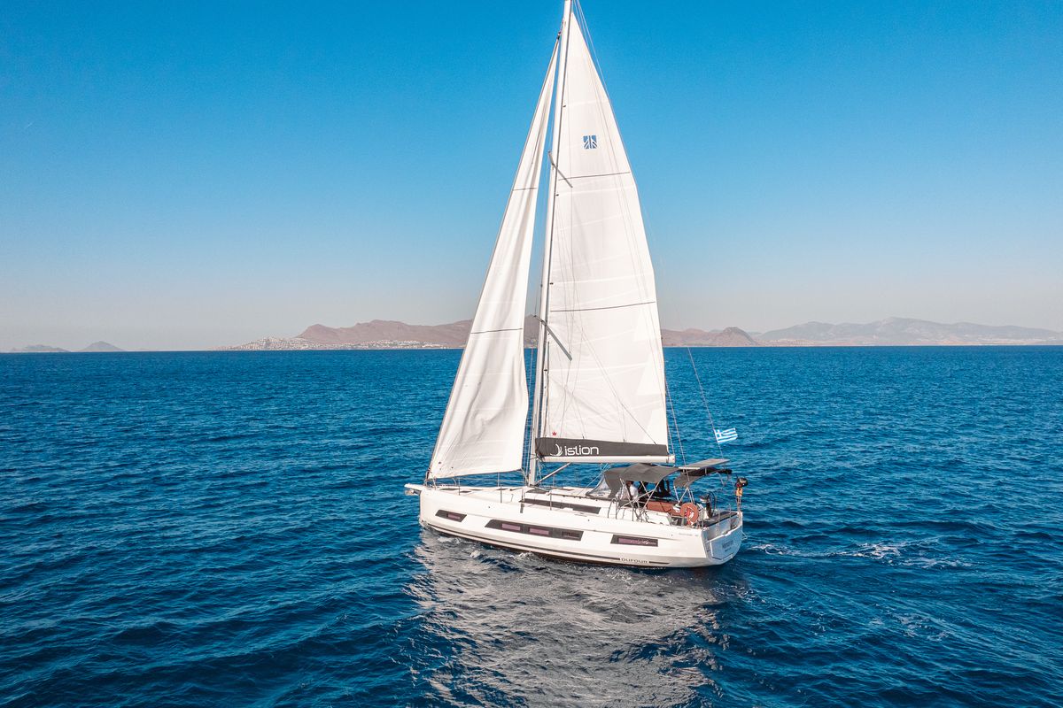 Exterior view of Memories, a Dufour 41 sailboat at Kos, Greece