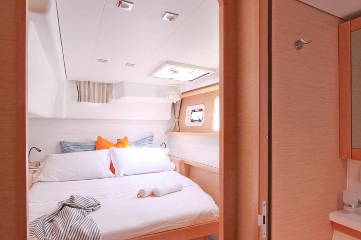 Cabin on NEMO45, a Lagoon 450 Fly catamaran at Naples, Italy