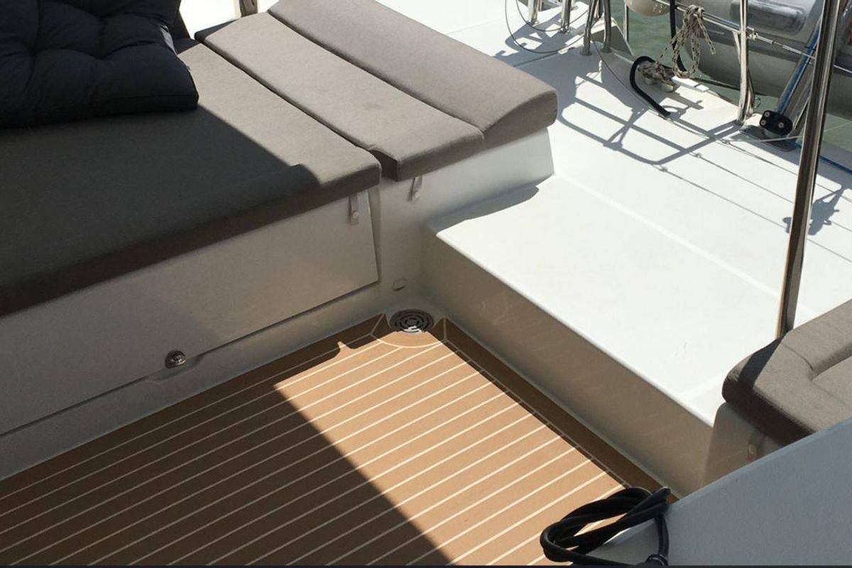 Deck of NEMO45, a Lagoon 450 Fly catamaran at Naples, Italy