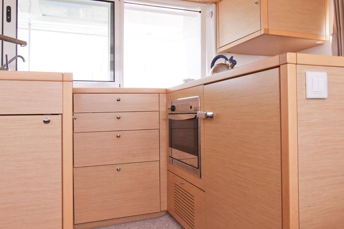 Galley of NEMO45, a Lagoon 450 Fly catamaran at Naples, Italy
