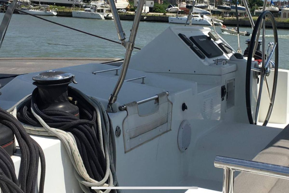 Cockpit of NEMO45, a Lagoon 450 Fly catamaran at Naples, Italy