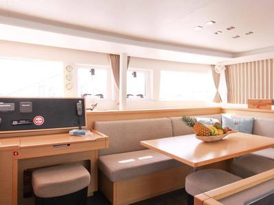 Salon of NEMO45, a Lagoon 450 Fly catamaran at Naples, Italy