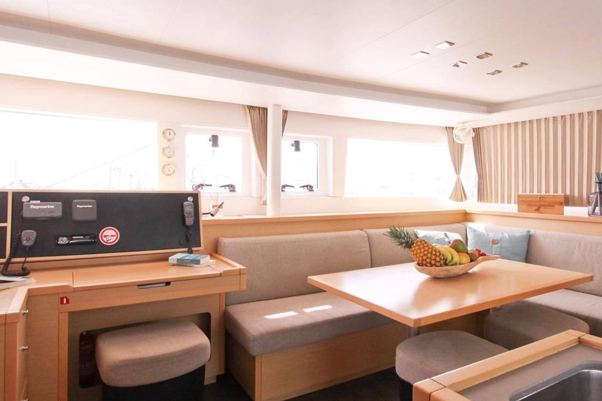Salon of NEMO45, a Lagoon 450 Fly catamaran at Naples, Italy