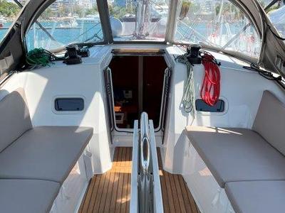 Cockpit of Ethra, a Jeanneau Sun Odyssey 380 sailboat at Lavreotiki Municipal Unit, Greece